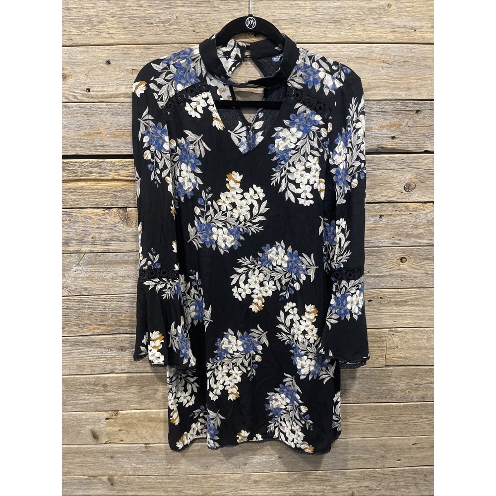 Blu Pepper Women's Floral Dress Black Long Sleeve Size Small Crochet Accent Sz S